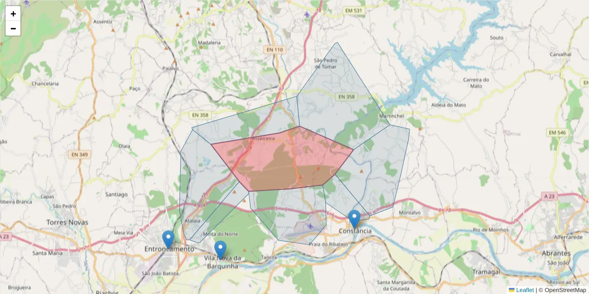 Mapa detalhado do código postal 2305-114 com limites, códigos postais vizinhos e agências dos correios