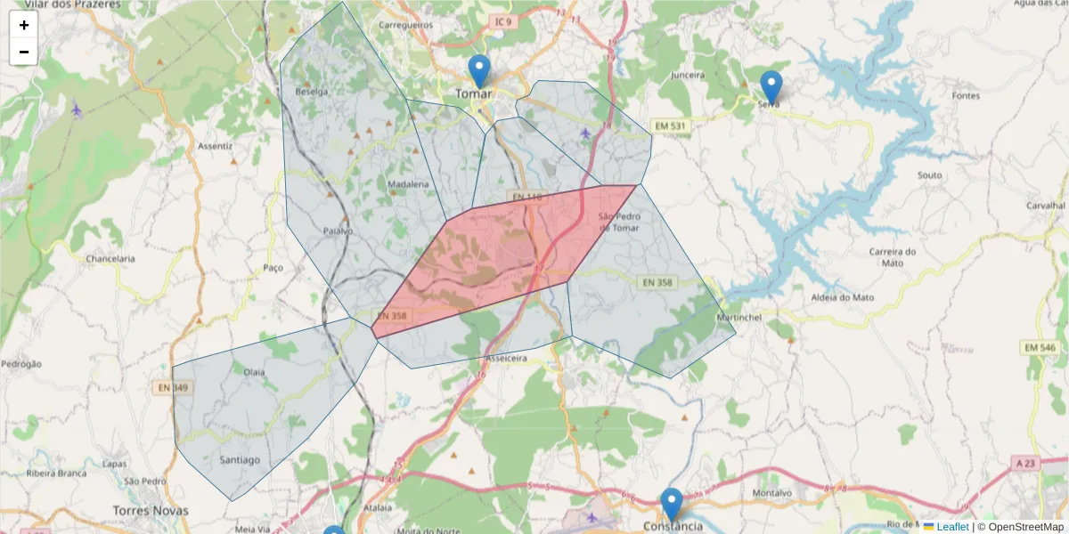 Mapa detalhado do código postal 2305-127 com limites, códigos postais vizinhos e agências dos correios