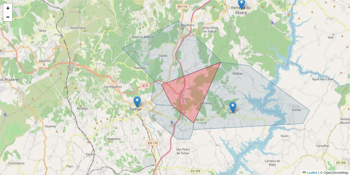 Mapa detalhado do código postal 2305-319 com limites, códigos postais vizinhos e agências dos correios