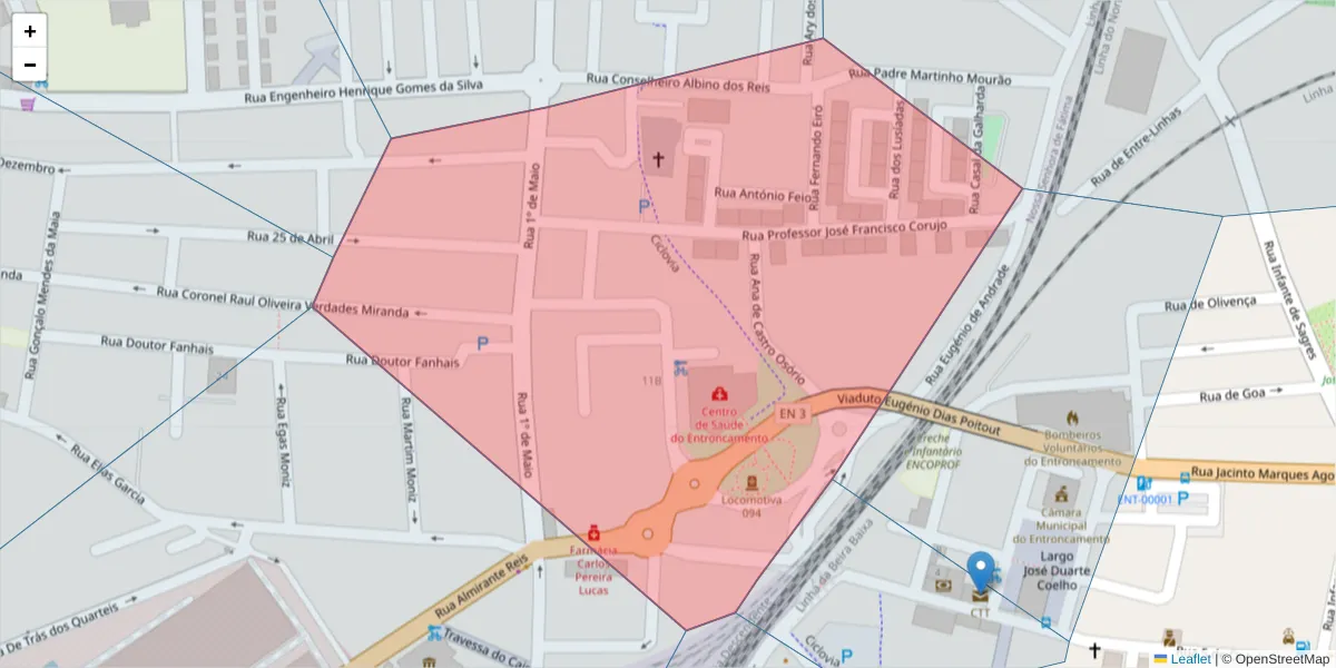 Mapa detalhado do código postal 2330-017 com limites, códigos postais vizinhos e agências dos correios