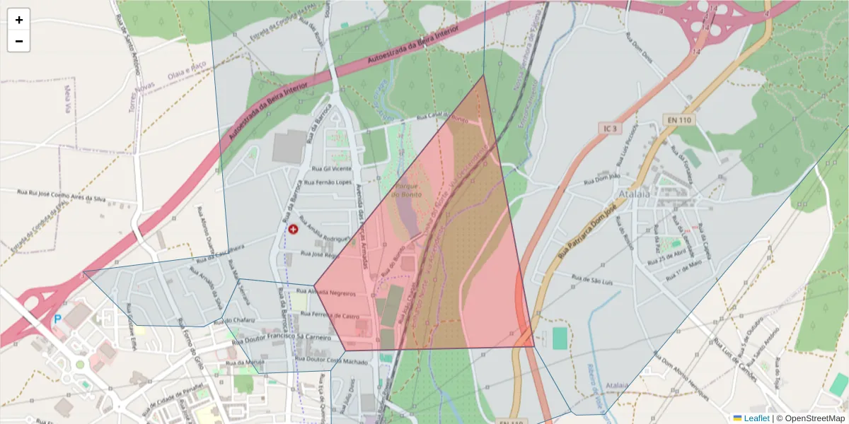 Mapa detalhado do código postal 2330-065 com limites, códigos postais vizinhos e agências dos correios