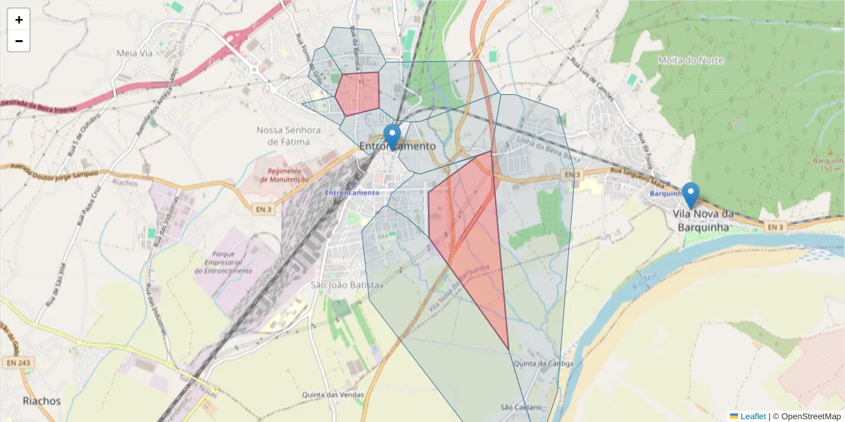 Mapa detalhado do código postal 2330-108 com limites, códigos postais vizinhos e agências dos correios