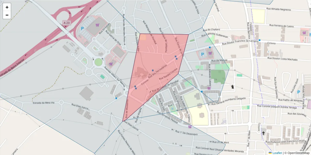 Mapa detalhado do código postal 2330-144 com limites, códigos postais vizinhos e agências dos correios