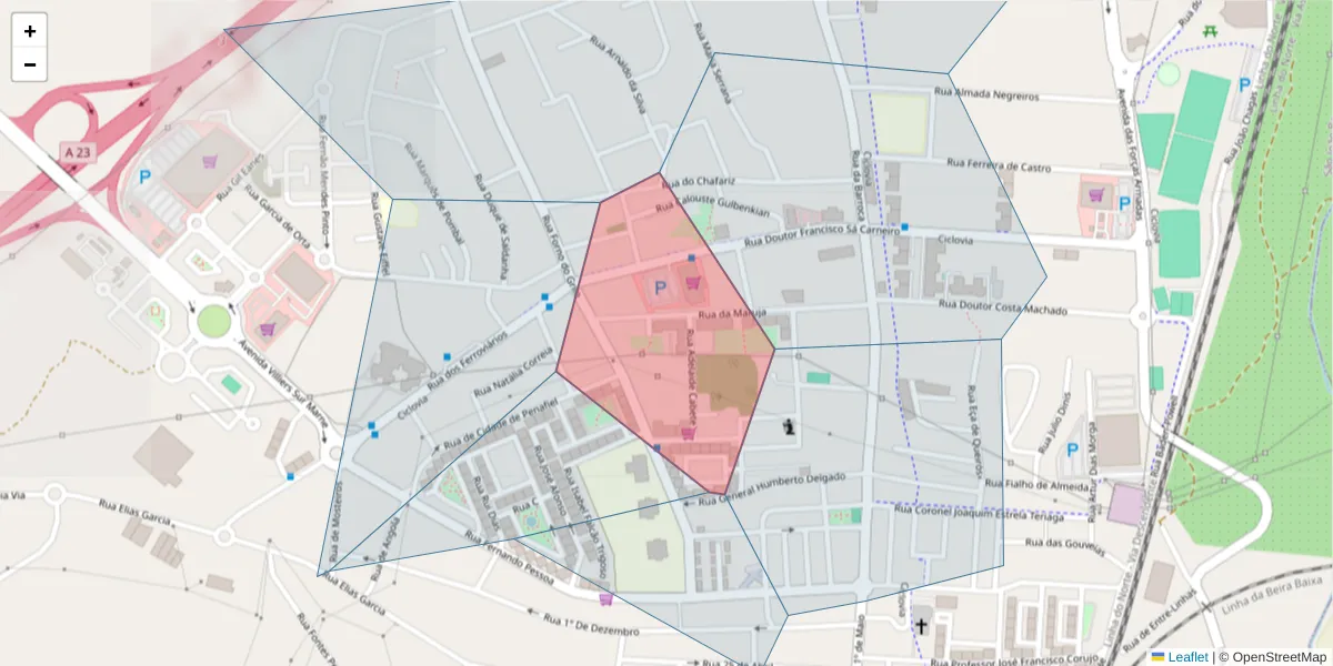 Mapa detalhado do código postal 2330-160 com limites, códigos postais vizinhos e agências dos correios