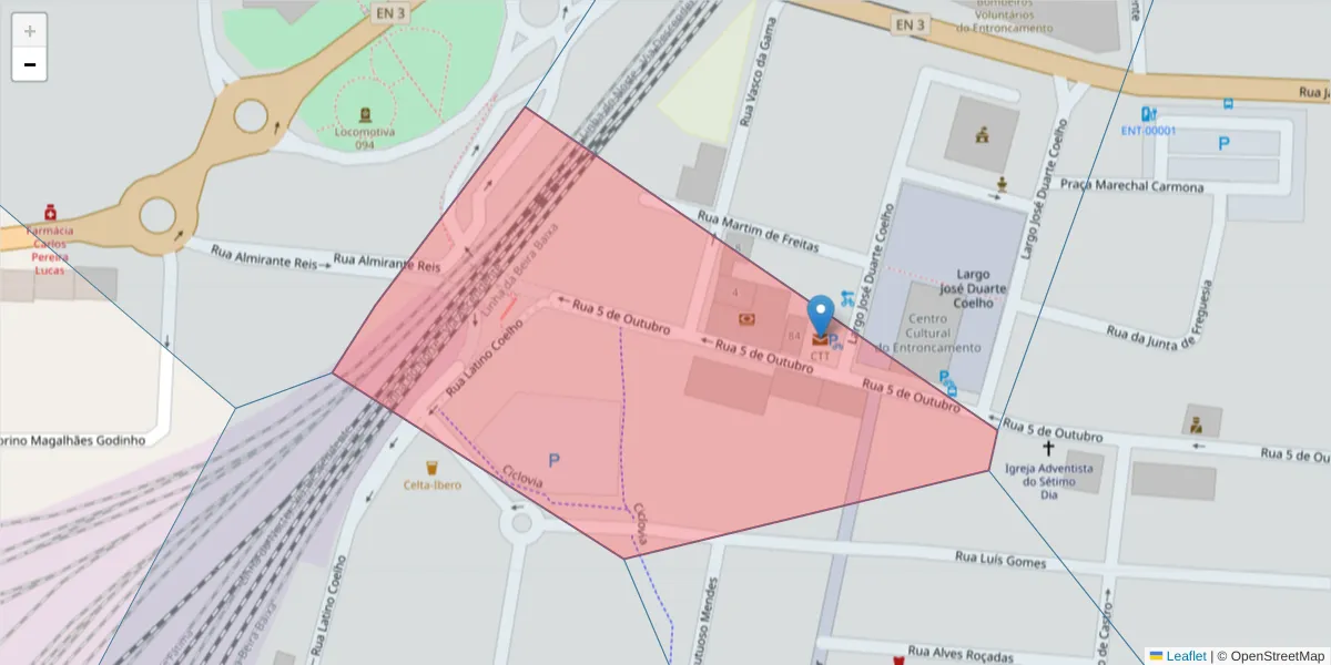 Mapa detalhado do código postal 2330-999 com limites, códigos postais vizinhos e agências dos correios