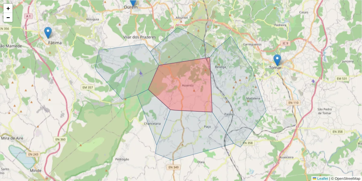 Mapa detalhado do código postal 2350-017 com limites, códigos postais vizinhos e agências dos correios