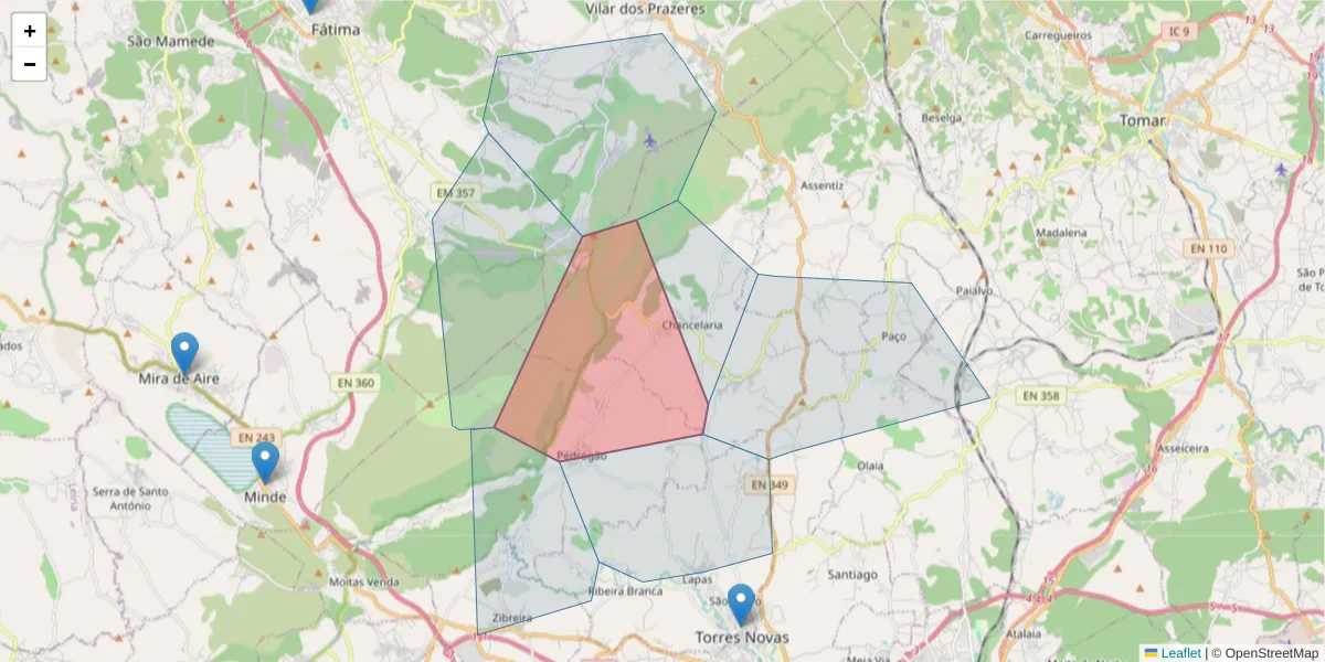 Mapa detalhado do código postal 2350-075 com limites, códigos postais vizinhos e agências dos correios