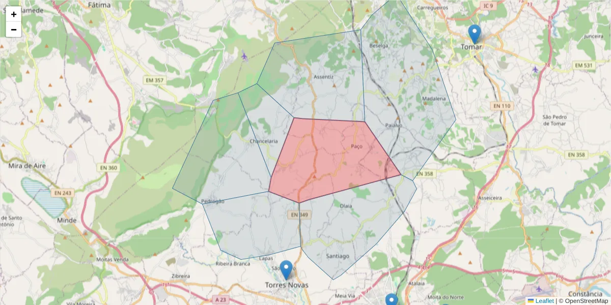 Mapa detalhado do código postal 2350-077 com limites, códigos postais vizinhos e agências dos correios