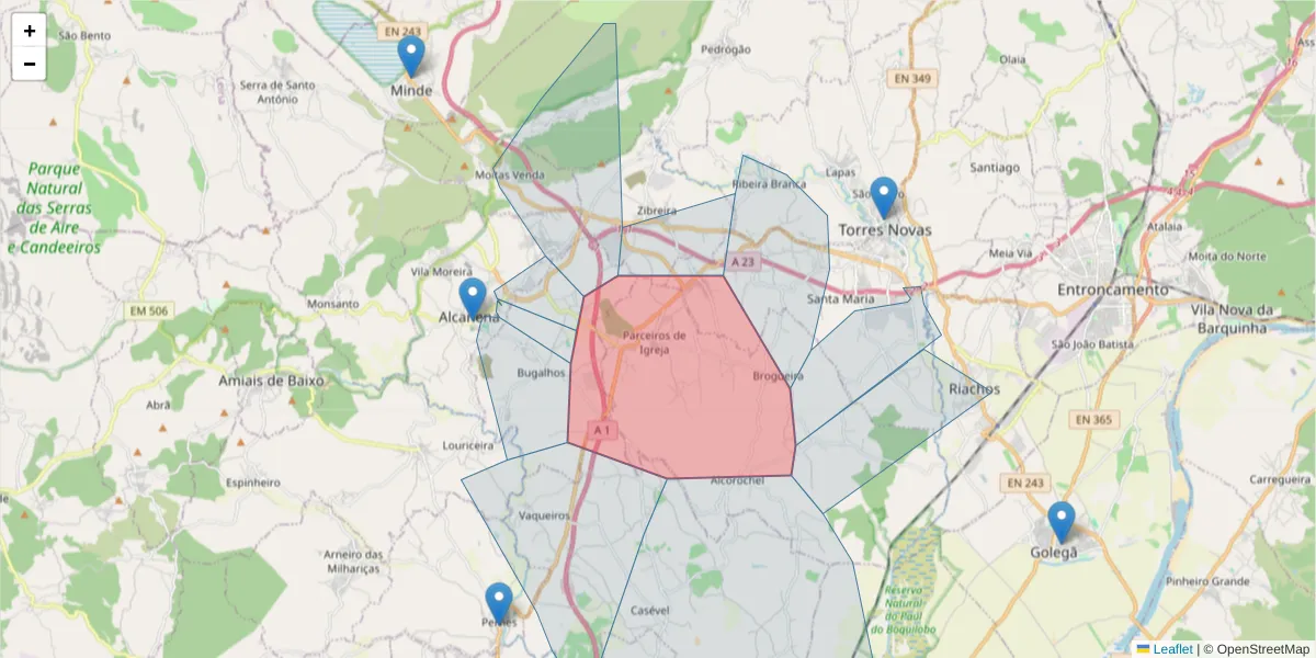 Mapa detalhado do código postal 2350-213 com limites, códigos postais vizinhos e agências dos correios