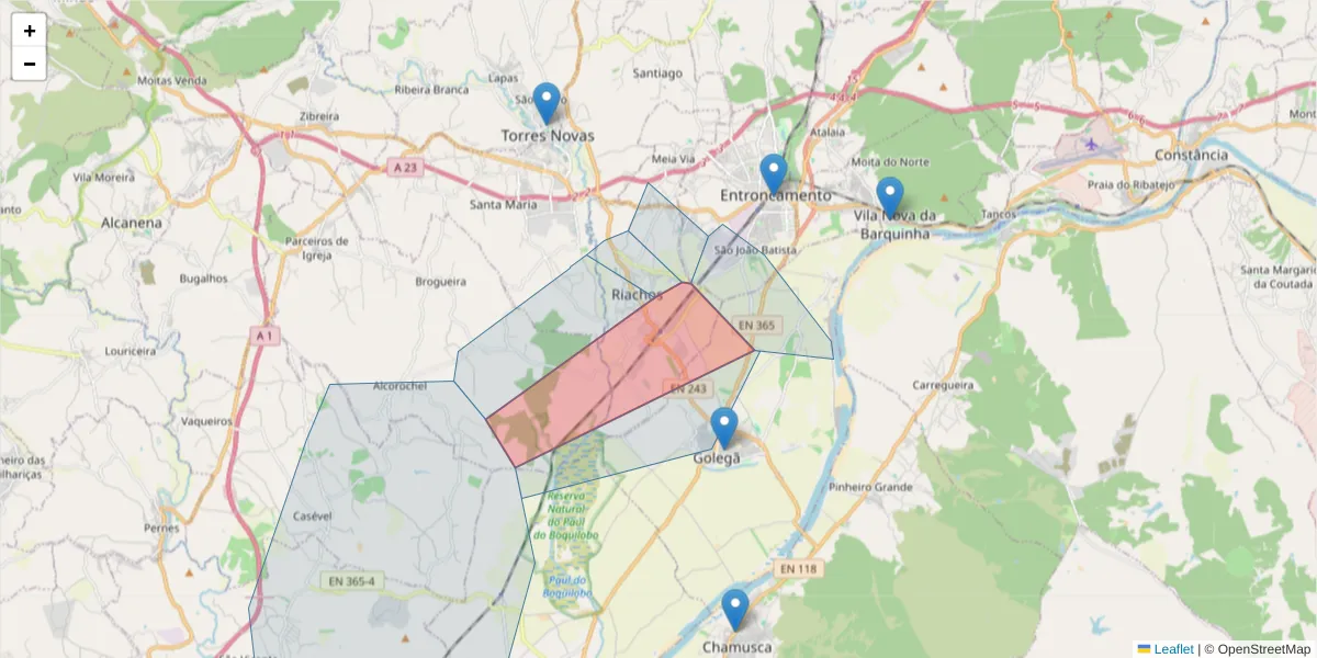 Mapa detalhado do código postal 2350-336 com limites, códigos postais vizinhos e agências dos correios