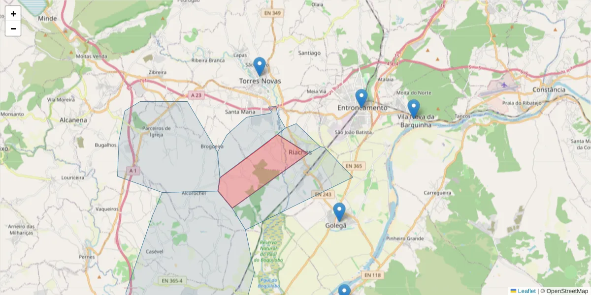Mapa detalhado do código postal 2350-357 com limites, códigos postais vizinhos e agências dos correios