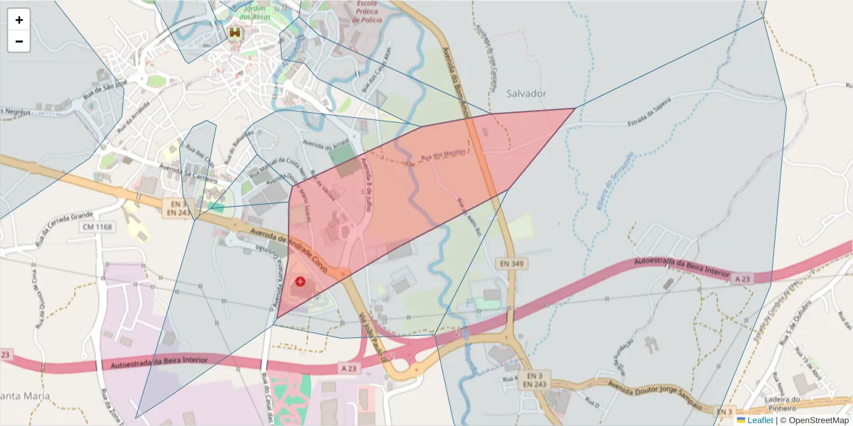 Mapa detalhado do código postal 2350-433 com limites, códigos postais vizinhos e agências dos correios