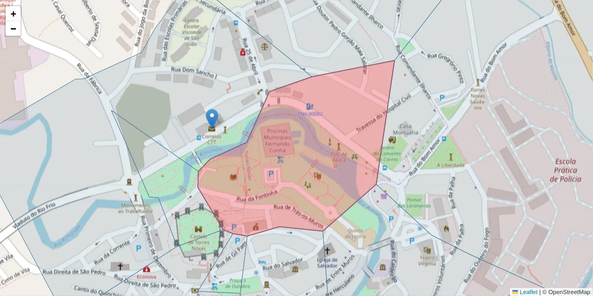 Mapa detalhado do código postal 2350-444 com limites, códigos postais vizinhos e agências dos correios