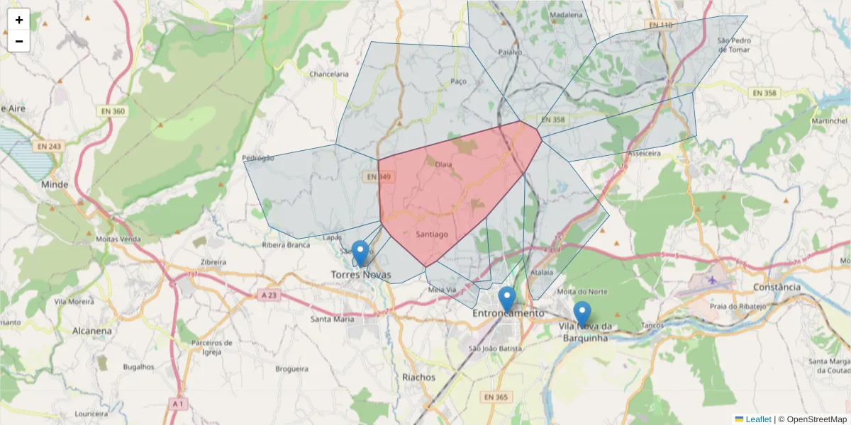 Mapa detalhado do código postal 2350-624 com limites, códigos postais vizinhos e agências dos correios