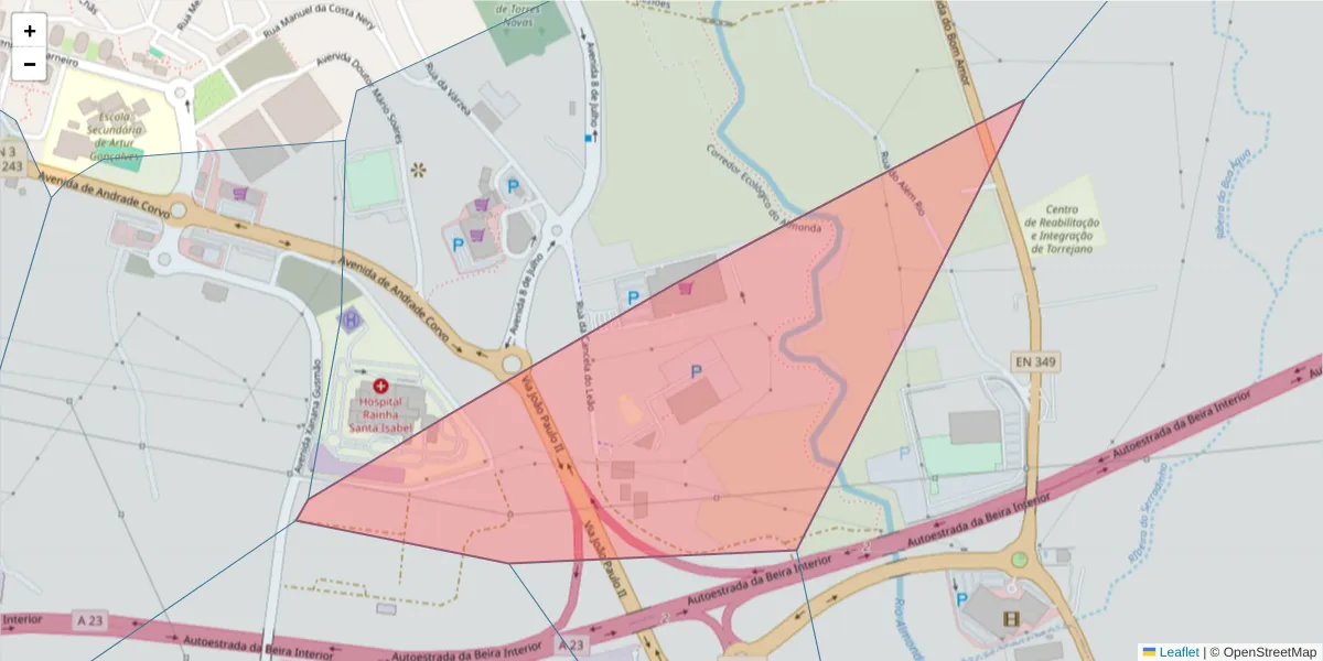 Mapa detalhado do código postal 2350-650 com limites, códigos postais vizinhos e agências dos correios