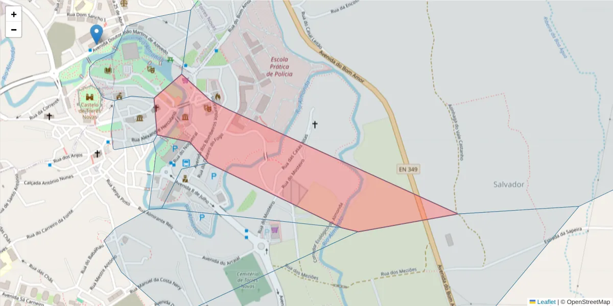 Mapa detalhado do código postal 2350-690 com limites, códigos postais vizinhos e agências dos correios