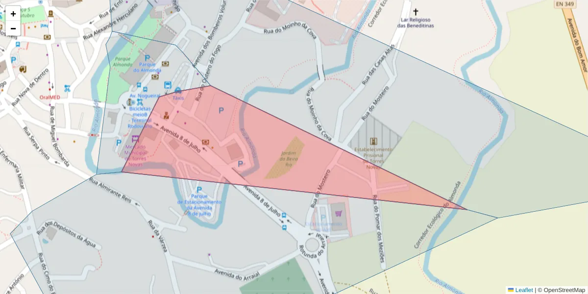 Mapa detalhado do código postal 2350-724 com limites, códigos postais vizinhos e agências dos correios
