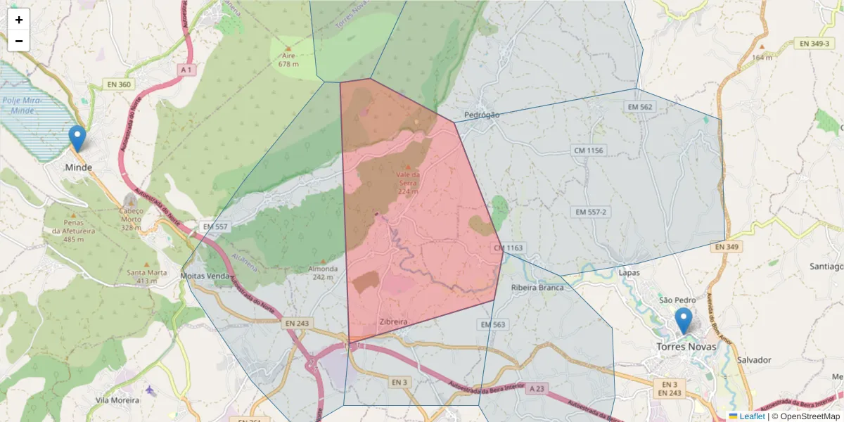 Mapa detalhado do código postal 2350-852 com limites, códigos postais vizinhos e agências dos correios