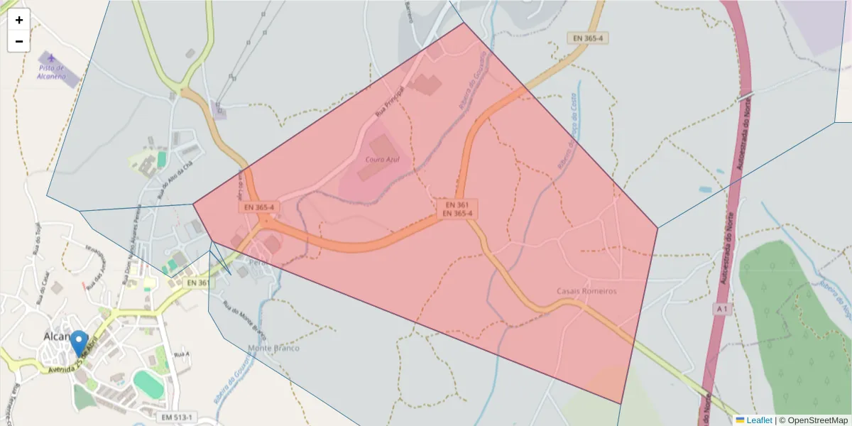 Mapa detalhado do código postal 2380-015 com limites, códigos postais vizinhos e agências dos correios