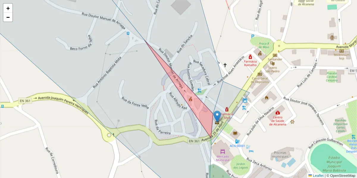 Mapa detalhado do código postal 2380-036 com limites, códigos postais vizinhos e agências dos correios