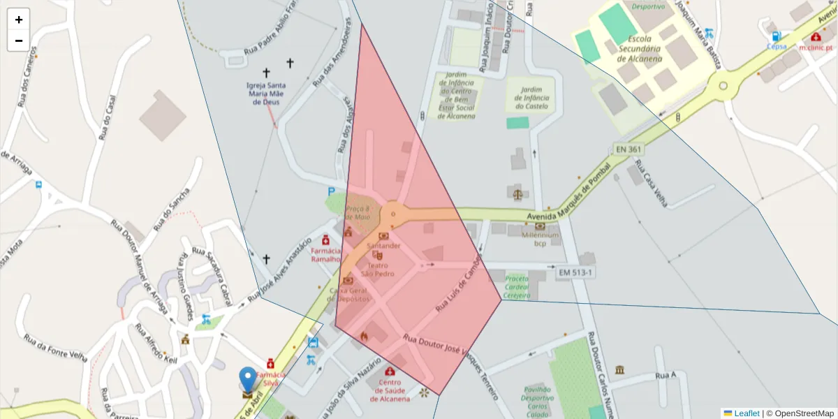 Mapa detalhado do código postal 2380-069 com limites, códigos postais vizinhos e agências dos correios