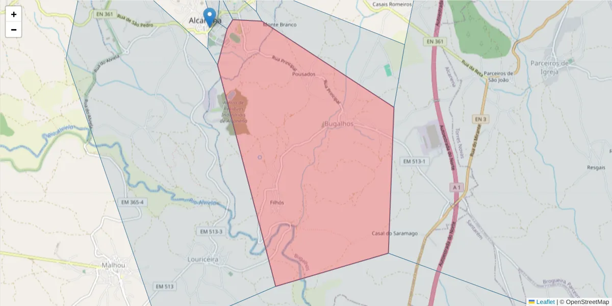 Mapa detalhado do código postal 2380-074 com limites, códigos postais vizinhos e agências dos correios