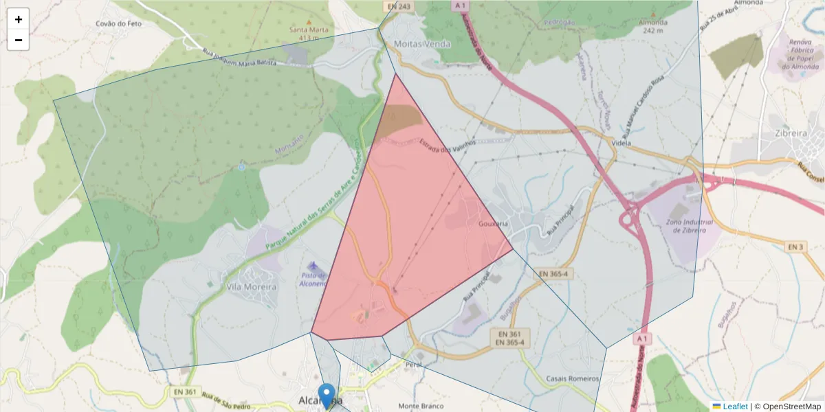 Mapa detalhado do código postal 2380-102 com limites, códigos postais vizinhos e agências dos correios