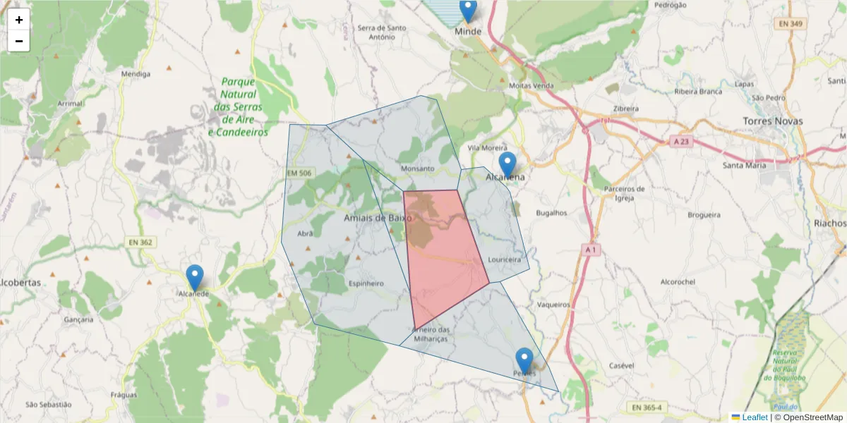 Mapa detalhado do código postal 2380-450 com limites, códigos postais vizinhos e agências dos correios
