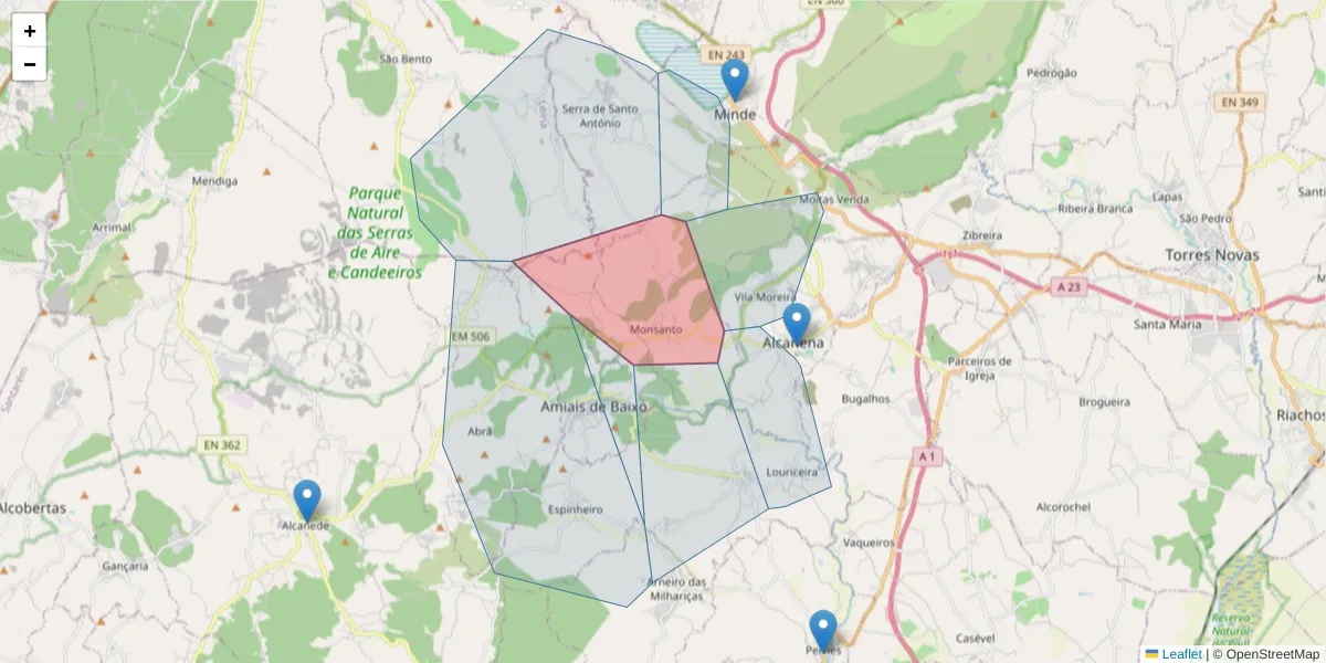 Mapa detalhado do código postal 2380-575 com limites, códigos postais vizinhos e agências dos correios