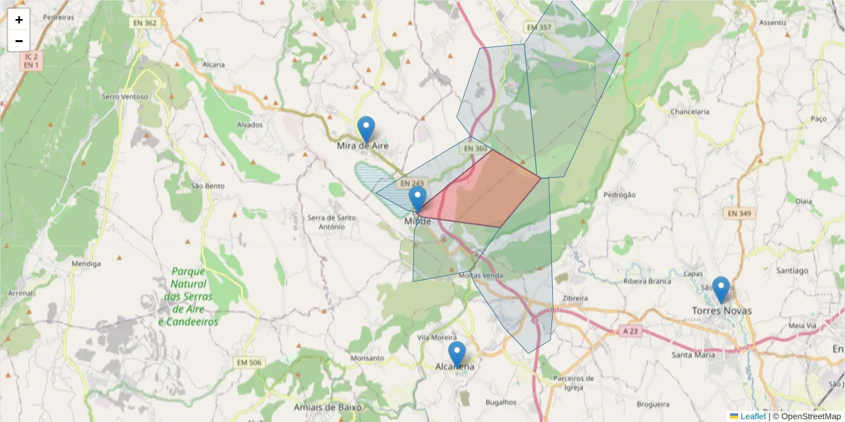 Mapa detalhado do código postal 2395-138 com limites, códigos postais vizinhos e agências dos correios