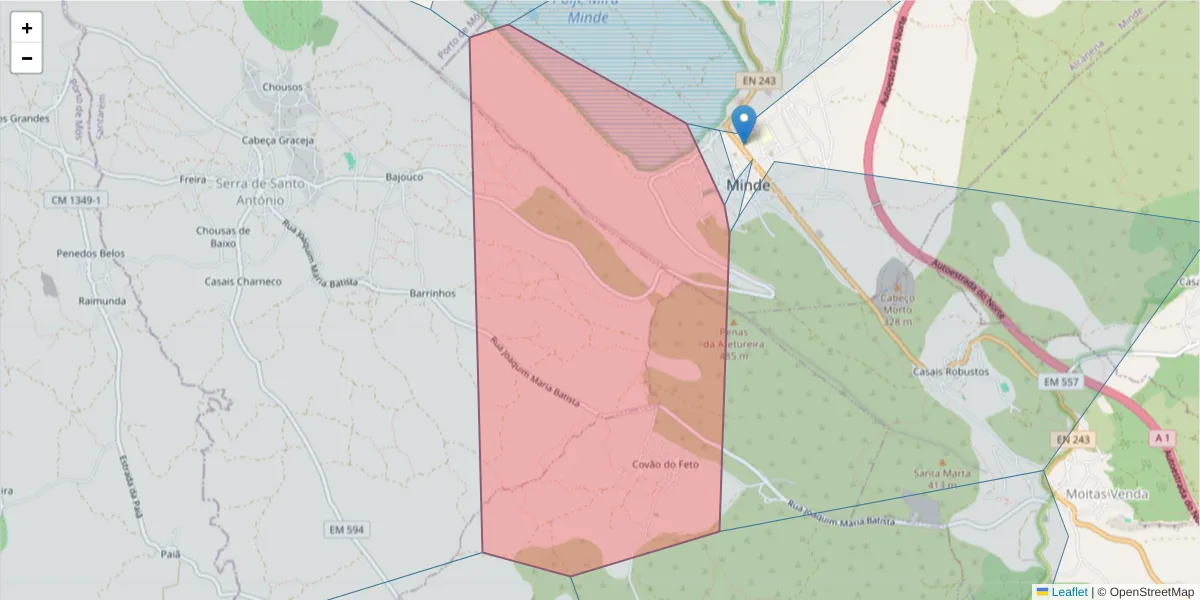 Mapa detalhado do código postal 2395-154 com limites, códigos postais vizinhos e agências dos correios