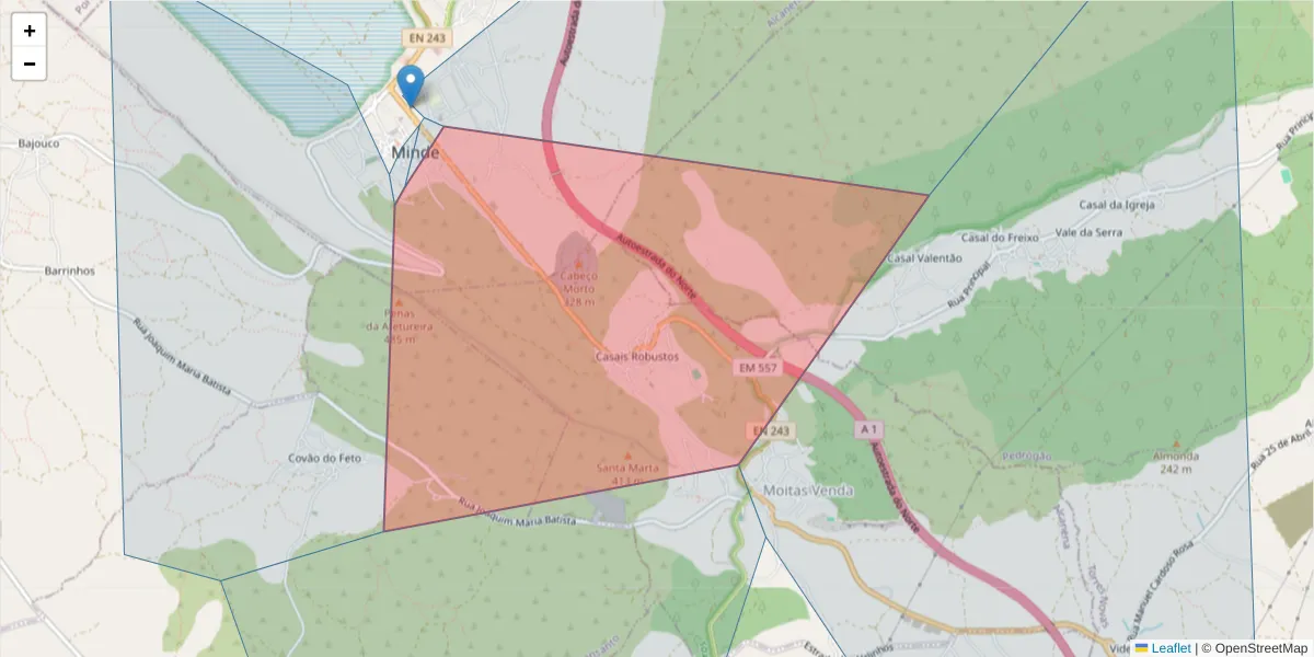 Mapa detalhado do código postal 2395-185 com limites, códigos postais vizinhos e agências dos correios