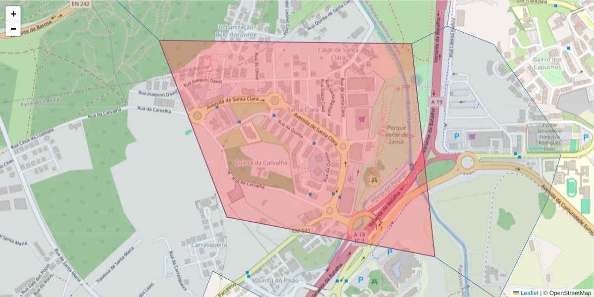Mapa detalhado do código postal 2400-019 com limites, códigos postais vizinhos e agências dos correios