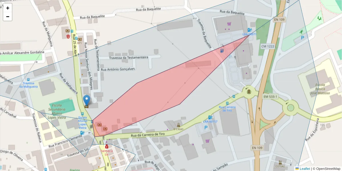 Mapa detalhado do código postal 2400-074 com limites, códigos postais vizinhos e agências dos correios