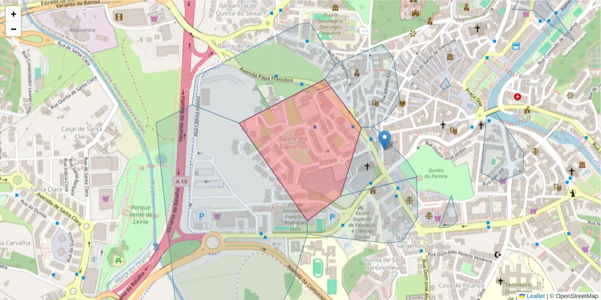 Mapa detalhado do código postal 2400-084 com limites, códigos postais vizinhos e agências dos correios