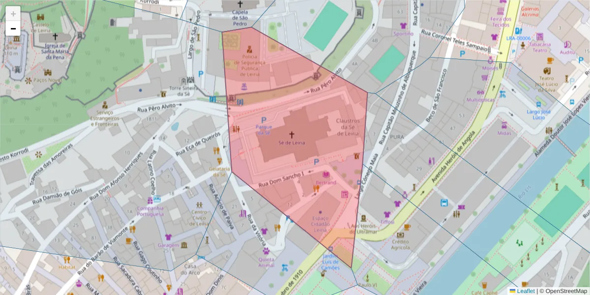 Mapa detalhado do código postal 2400-088 com limites, códigos postais vizinhos e agências dos correios