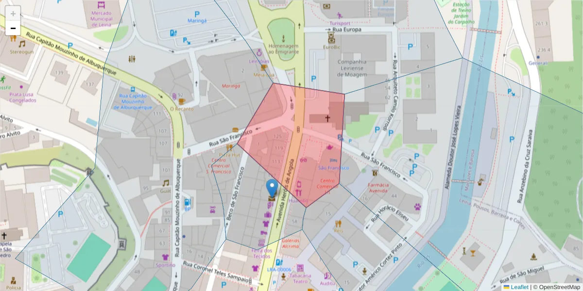 Mapa detalhado do código postal 2400-153 com limites, códigos postais vizinhos e agências dos correios