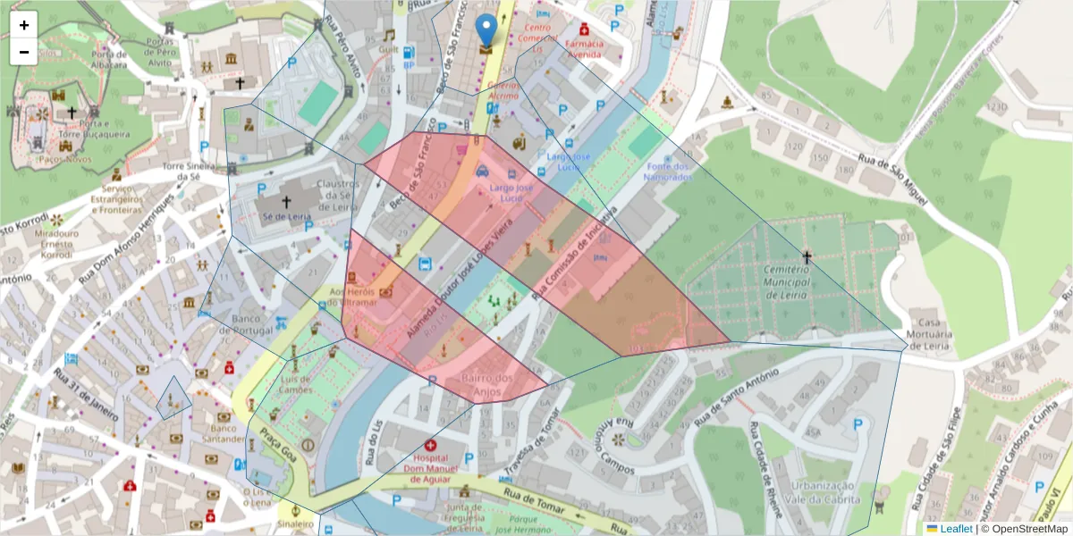 Mapa detalhado do código postal 2400-154 com limites, códigos postais vizinhos e agências dos correios