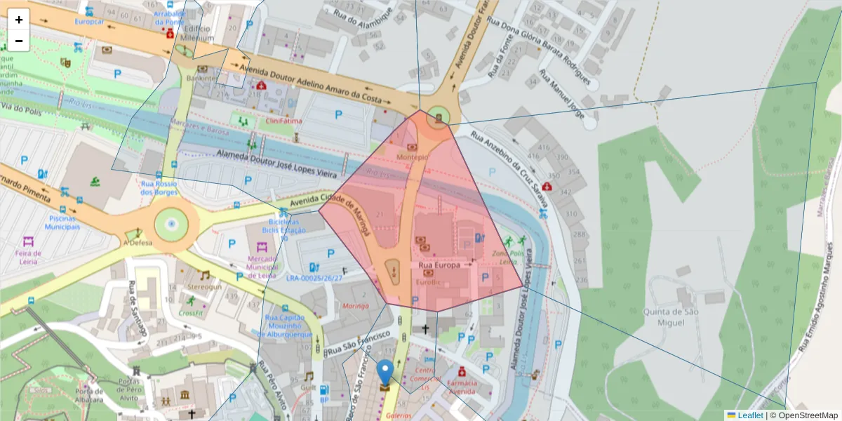 Mapa detalhado do código postal 2400-164 com limites, códigos postais vizinhos e agências dos correios