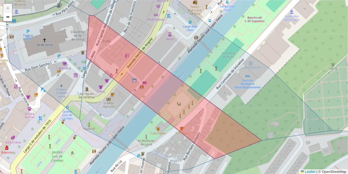 Mapa detalhado do código postal 2400-175 com limites, códigos postais vizinhos e agências dos correios
