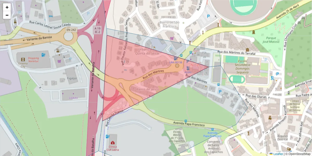 Mapa detalhado do código postal 2400-186 com limites, códigos postais vizinhos e agências dos correios