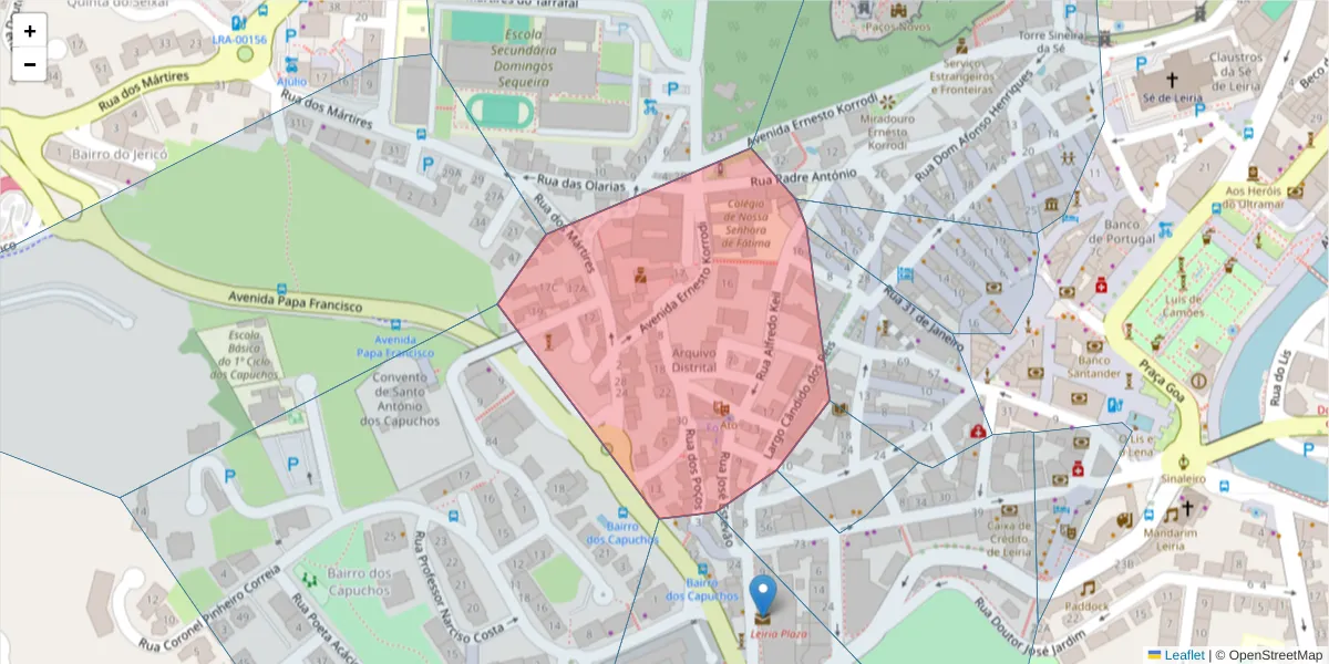 Mapa detalhado do código postal 2400-206 com limites, códigos postais vizinhos e agências dos correios