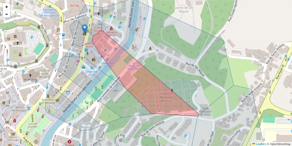 Mapa detalhado do código postal 2400-259 com limites, códigos postais vizinhos e agências dos correios