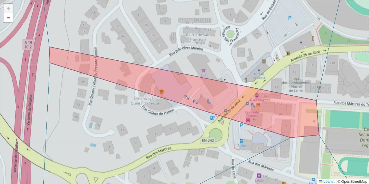 Mapa detalhado do código postal 2400-265 Leiria com limites, códigos postais vizinhos e agências dos correios