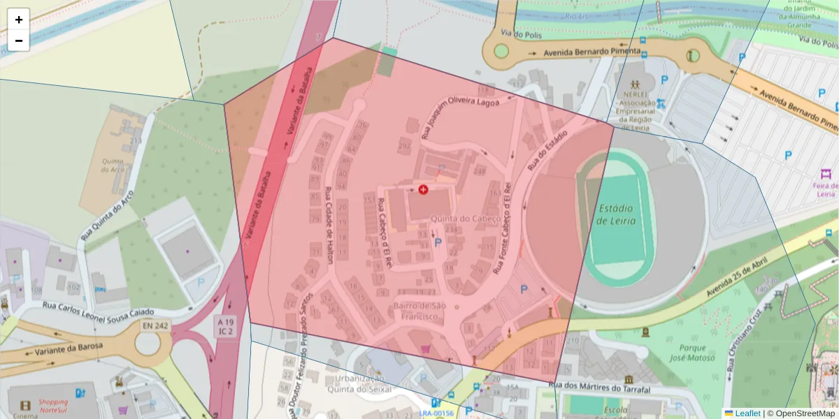 Mapa detalhado do código postal 2400-265 com limites, códigos postais vizinhos e agências dos correios
