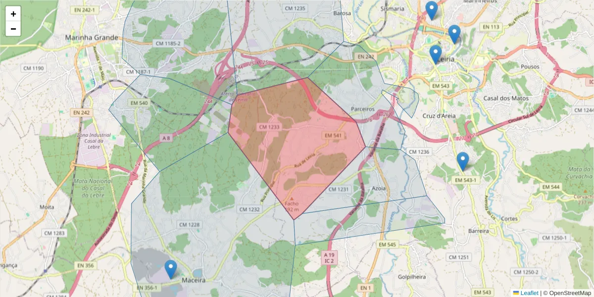 Mapa detalhado do código postal 2400-430 com limites, códigos postais vizinhos e agências dos correios