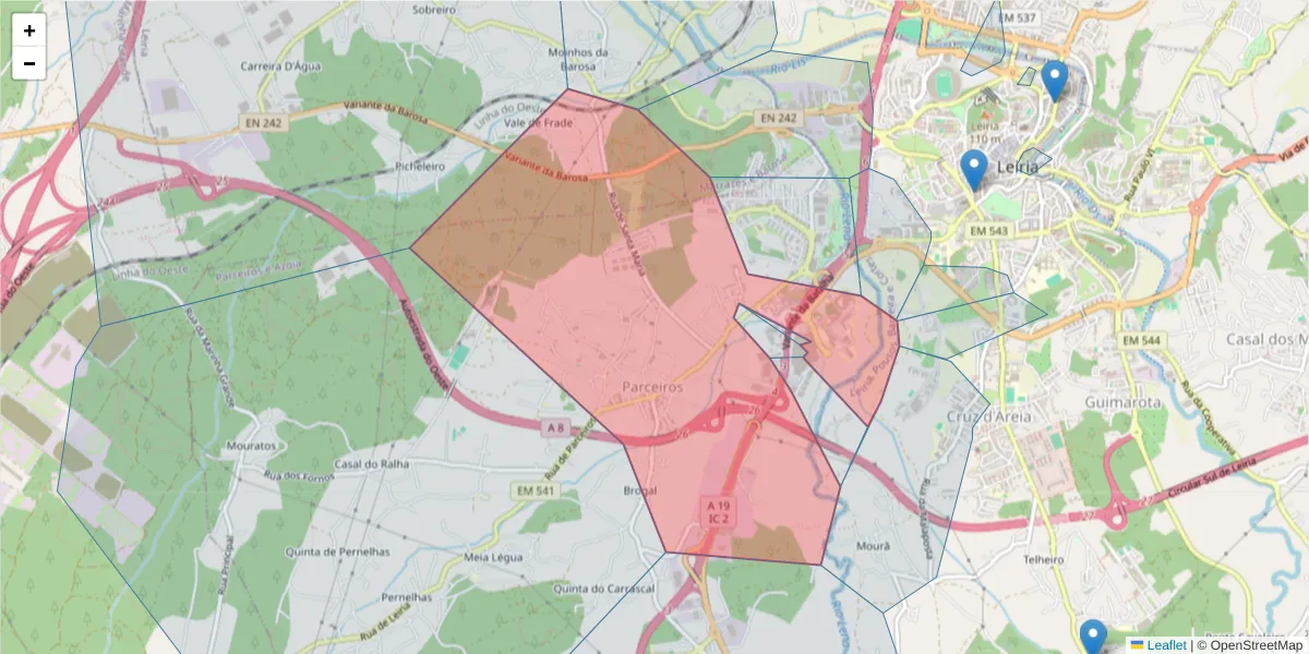 Mapa detalhado do código postal 2400-441 com limites, códigos postais vizinhos e agências dos correios