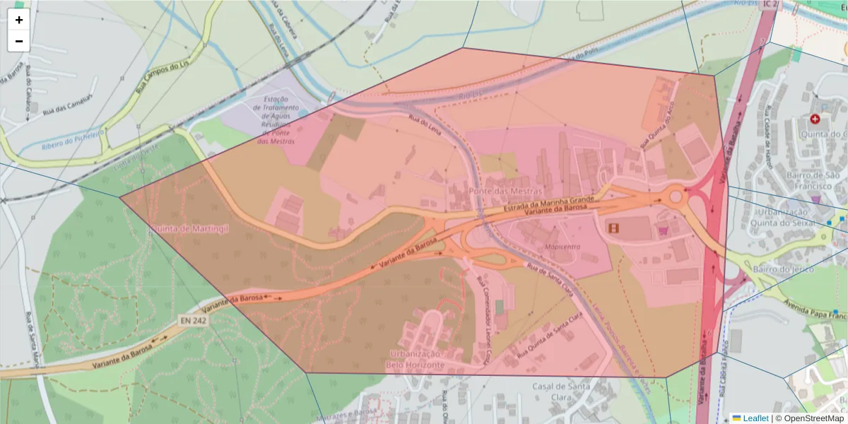 Mapa detalhado do código postal 2400-447 com limites, códigos postais vizinhos e agências dos correios