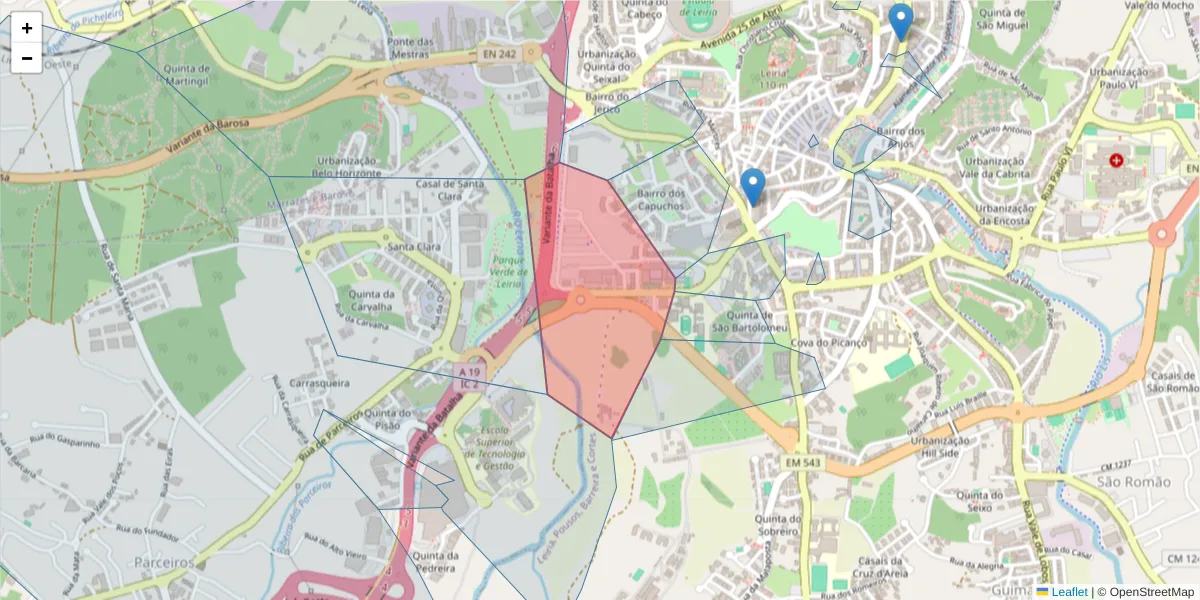 Mapa detalhado do código postal 2400-448 com limites, códigos postais vizinhos e agências dos correios