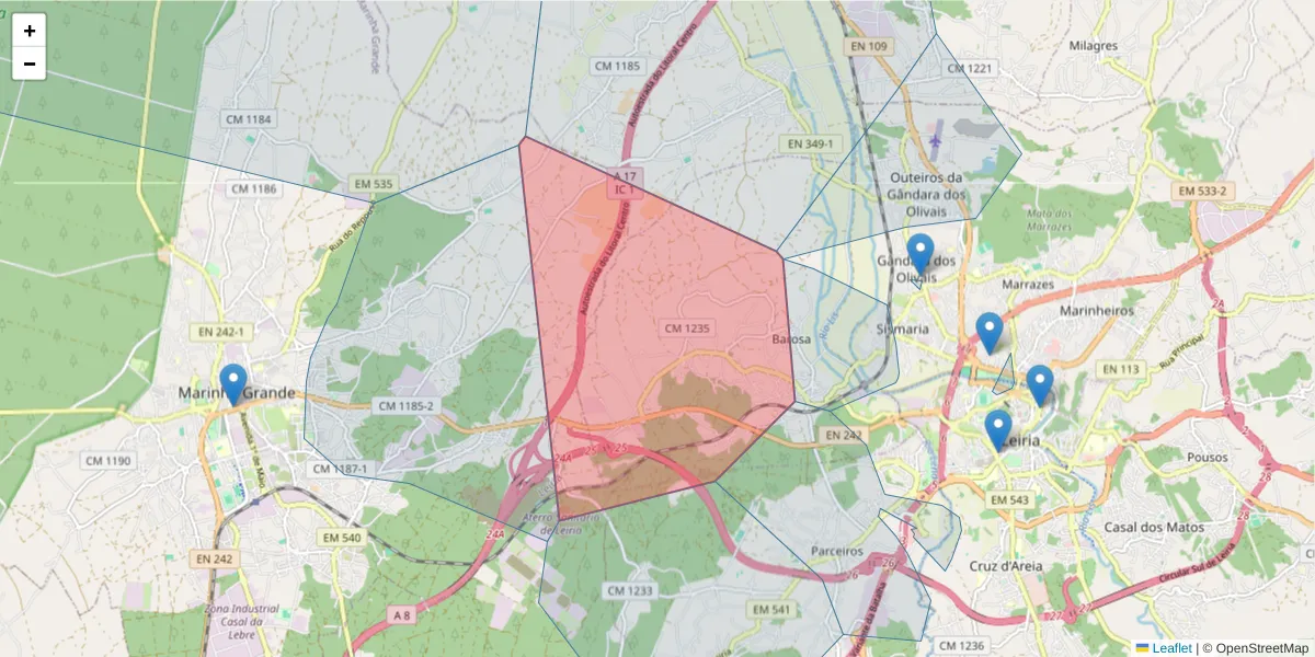 Mapa detalhado do código postal 2400-489 com limites, códigos postais vizinhos e agências dos correios